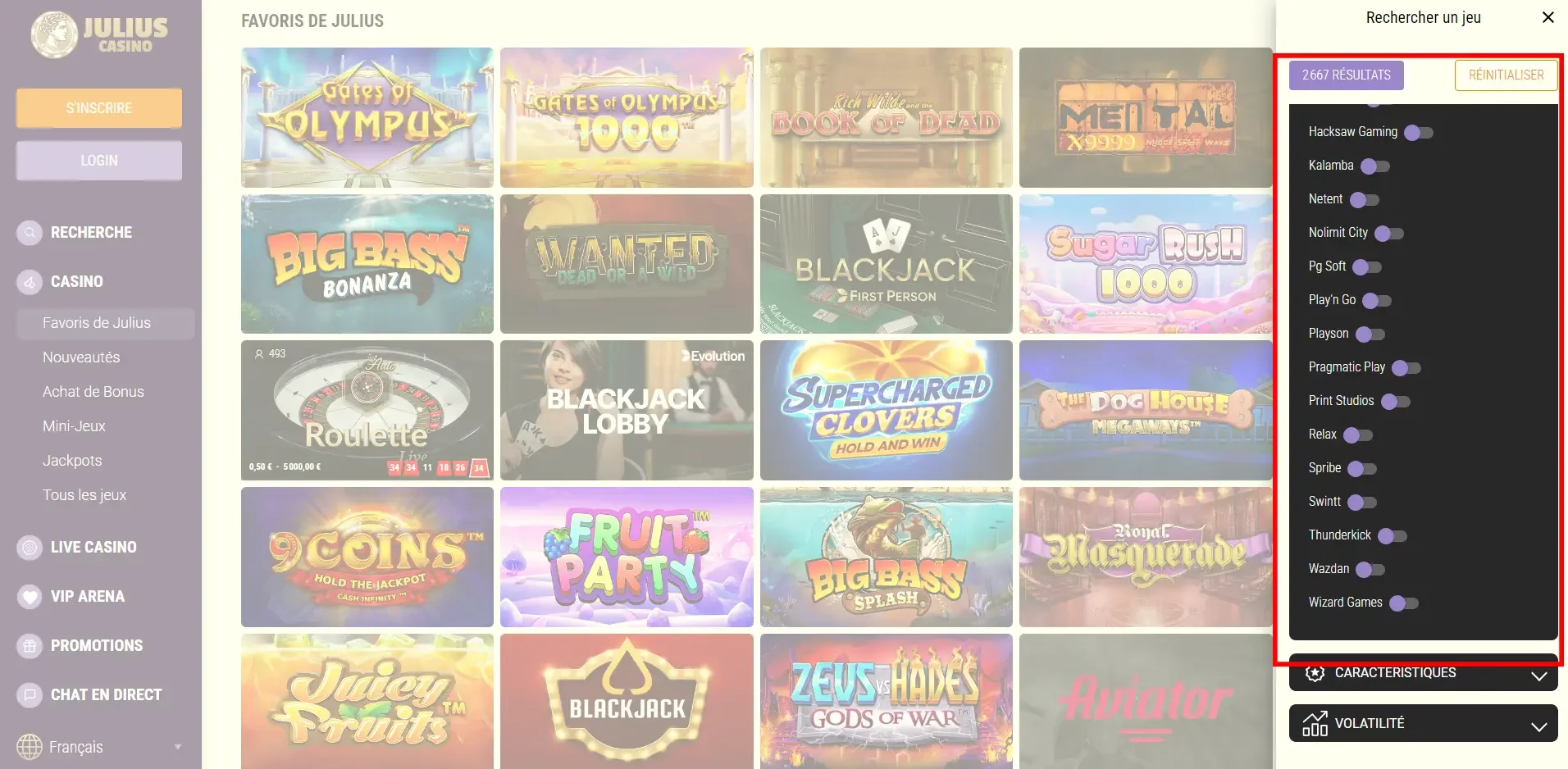 Interface de recherche de jeux sur Julius Casino avec filtres par fournisseurs comme Play&rsquo;n GO, Pragmatic Play ou Relax