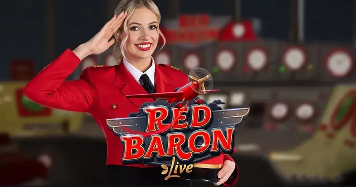 Pr&eacute;sentatrice du jeu live Red Baron d'Evolution, avec un avion rouge et le logo du jeu.