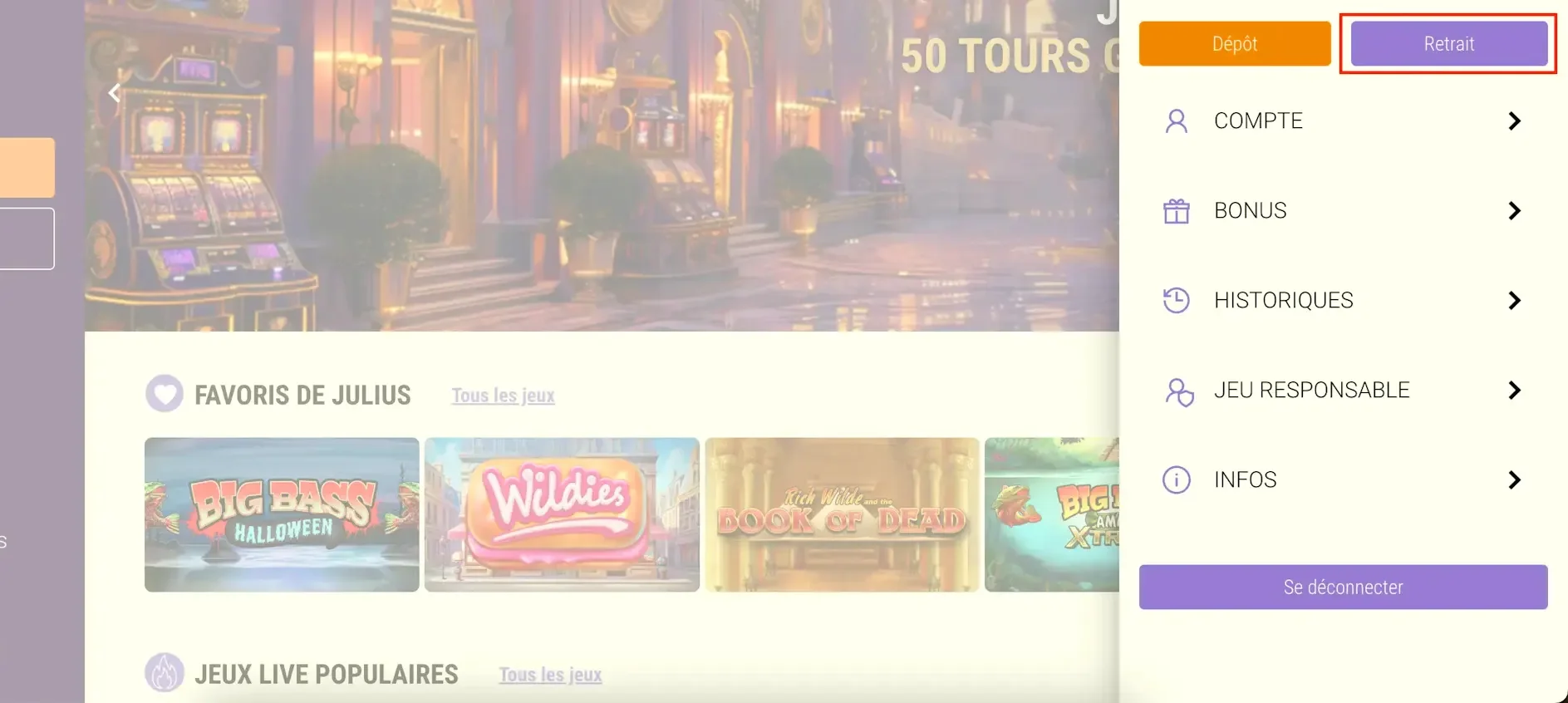 Menu utilisateur de Julius Casino avec acc&egrave;s direct aux options D&eacute;p&ocirc;t et Retrait