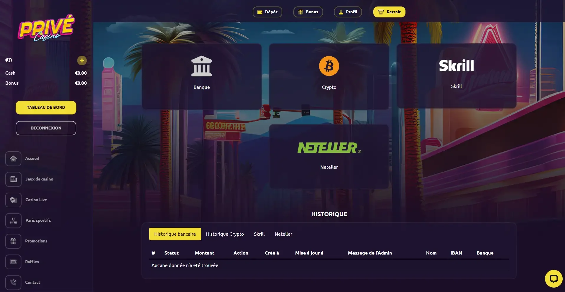 Retrait du casino en ligne Privecasino
