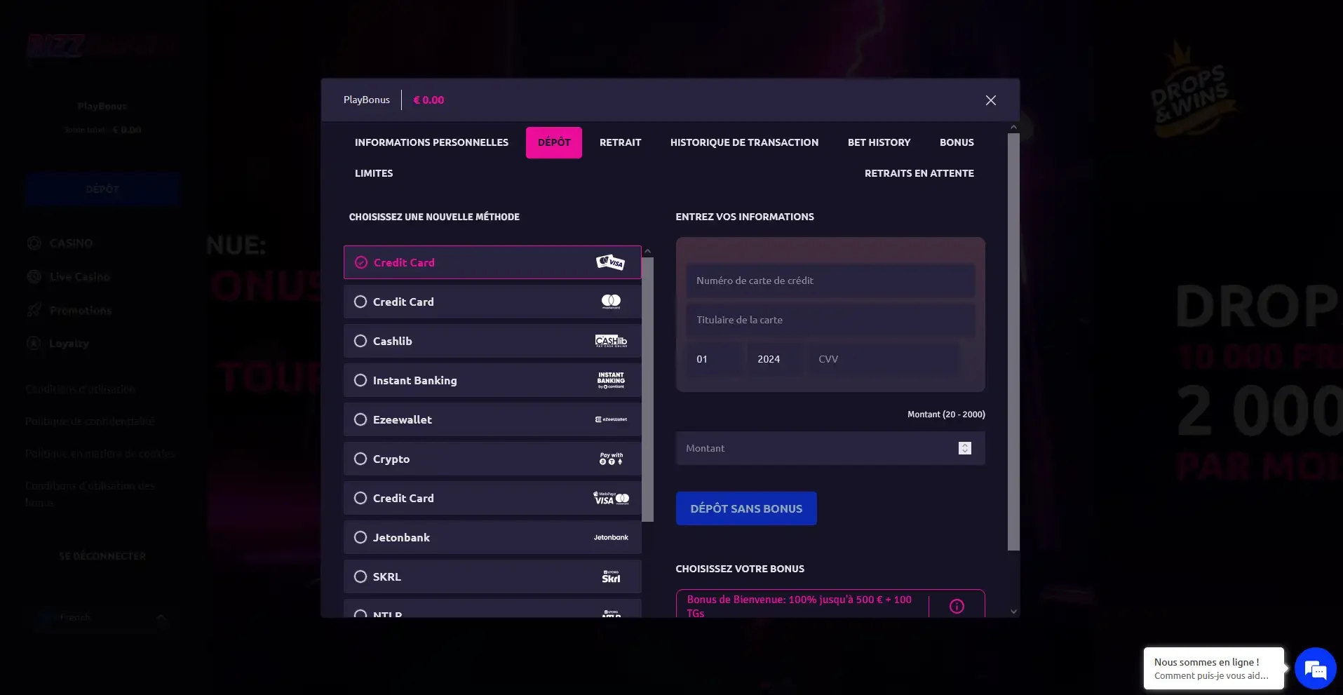 Choix du paiement Rizz casino