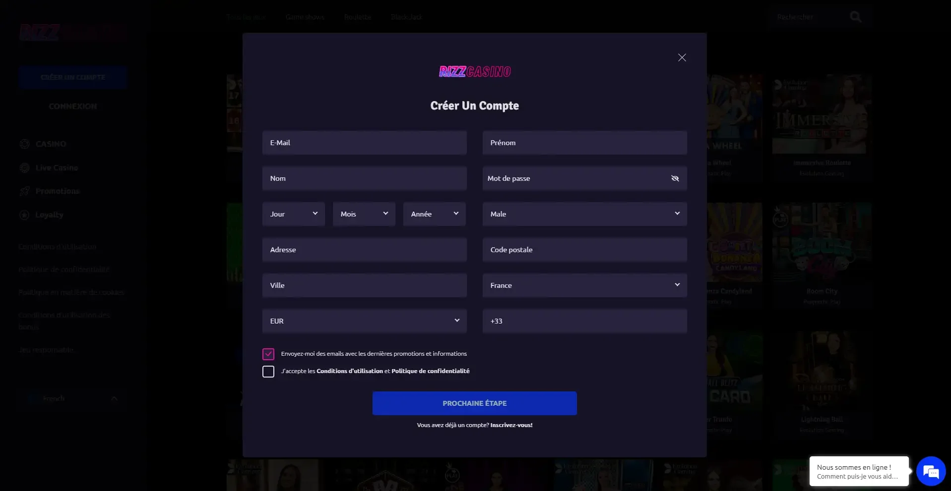 Formulaire d'inscription rizz casino en ligne