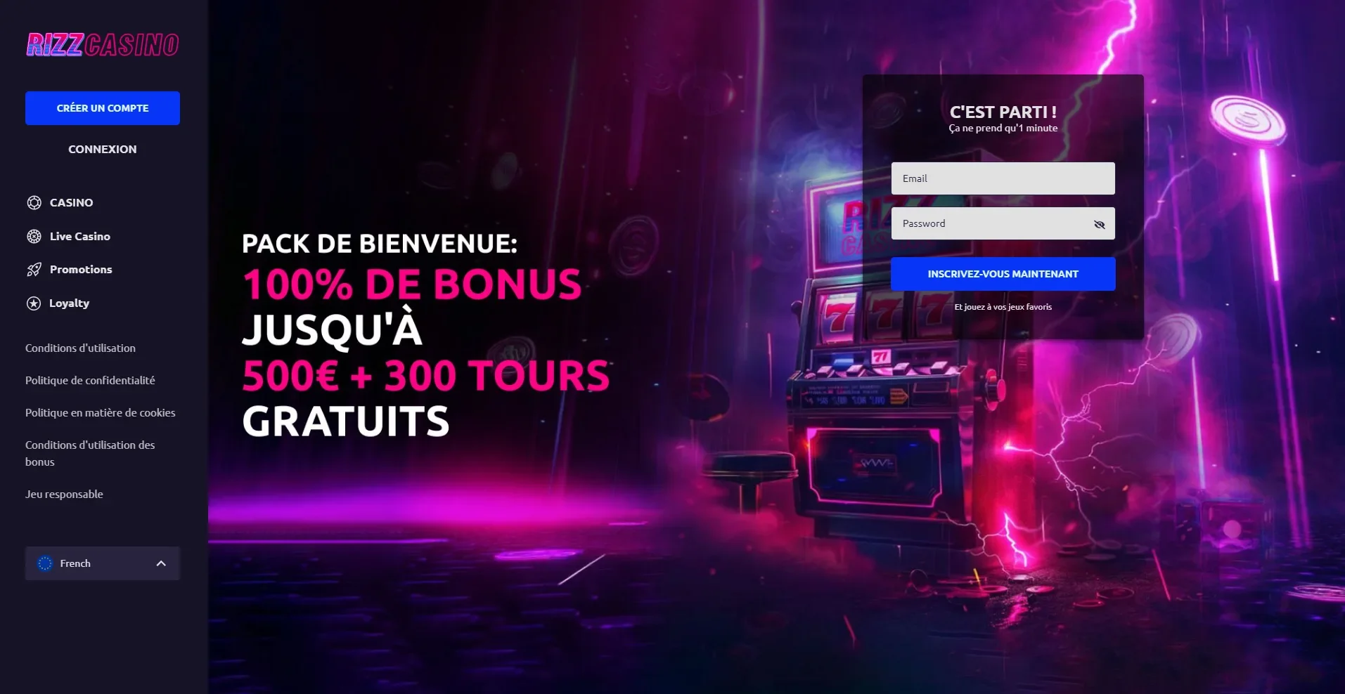 Page d'accueil du casino en ligne Rizz Casino