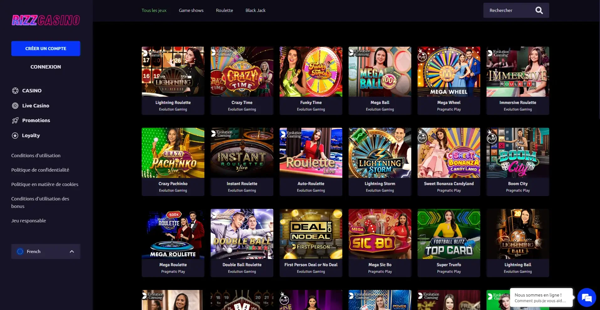 Page des jeux live Rizz Casino