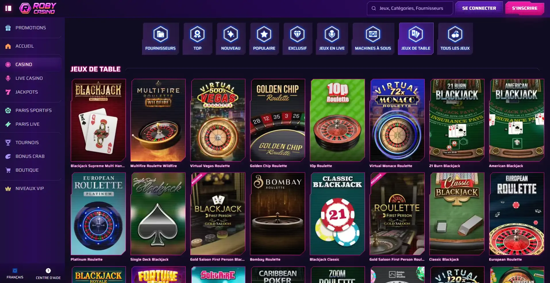 Les jeux de tables sur robycasino