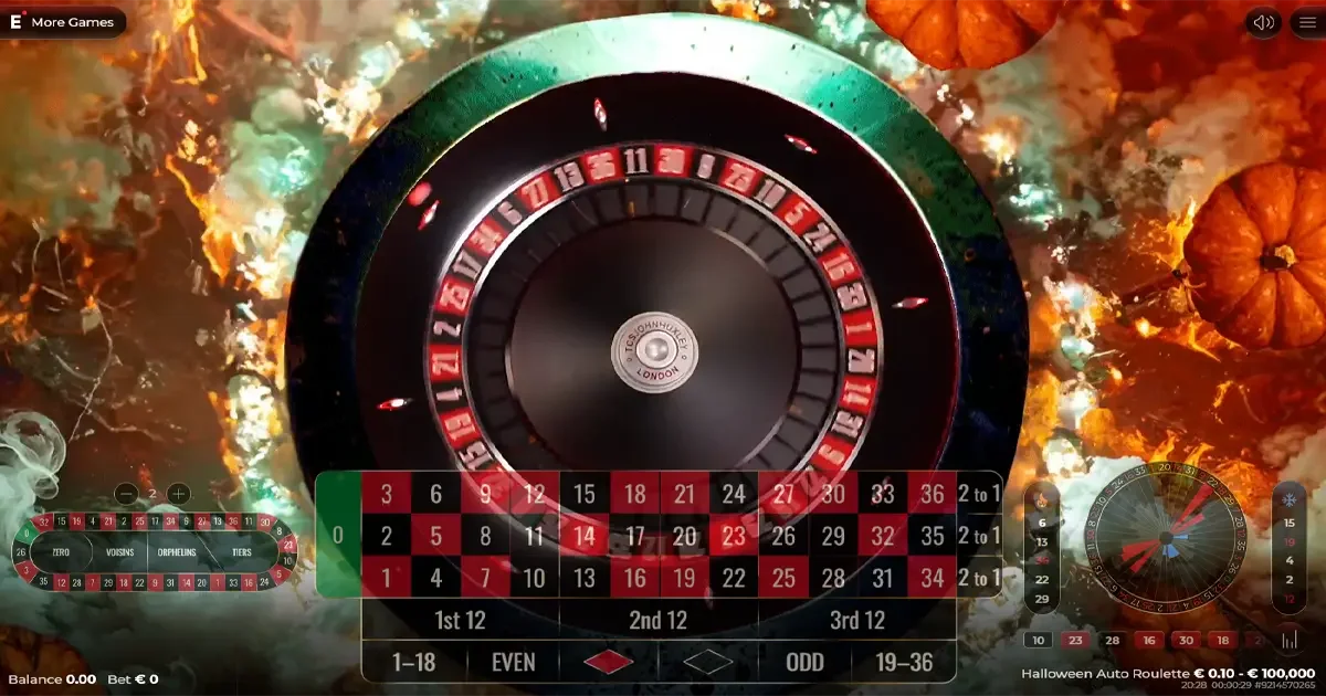 Vue du jeu Halloween Auto Roulette avec roue en rotation et d&eacute;cor de citrouilles