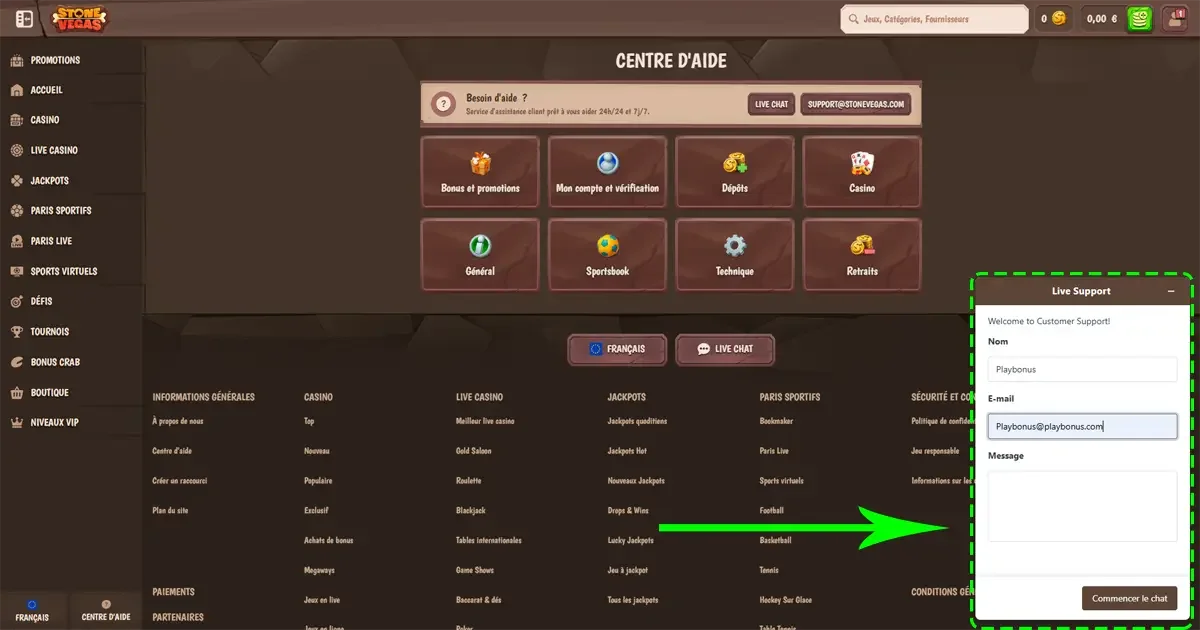 Centre d&rsquo;aide Stone Vegas casino en ligne avec assistance client disponible 24h sur 24 et 7 jours sur 7 via live chat email et support technique