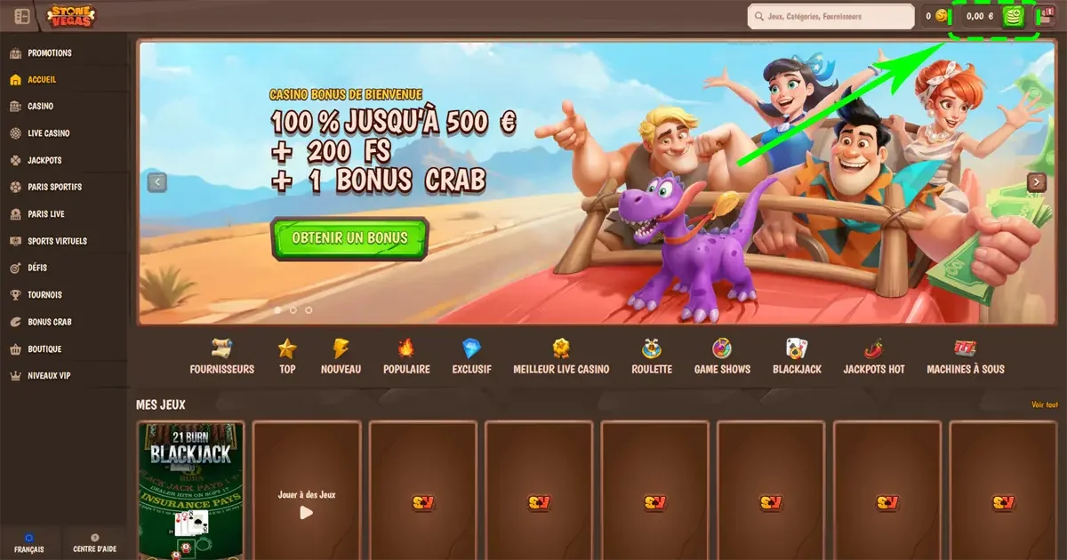 Page d&rsquo;accueil du Stone Vegas casino en ligne avec un bonus de bienvenue 100 pour cent jusqu&rsquo;&agrave; 500 euros et une fl&egrave;che qui indique le bouton d&eacute;poser