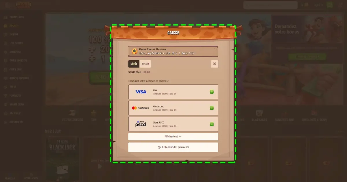 Fen&ecirc;tre de d&eacute;p&ocirc;t Stone Vegas casino en ligne montrant les m&eacute;thodes de paiement disponibles comme Visa Mastercard et Utorg avec bonus de bienvenue 100 pour cent jusqu&rsquo;&agrave; 500 euros