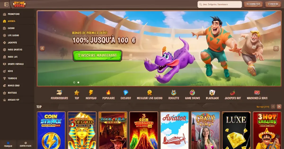 Stone Vegas casino en ligne offre un bonus de bienvenue 100 pour cent jusqu&rsquo;&agrave; 100 euros avec inscription rapide et jeux populaires