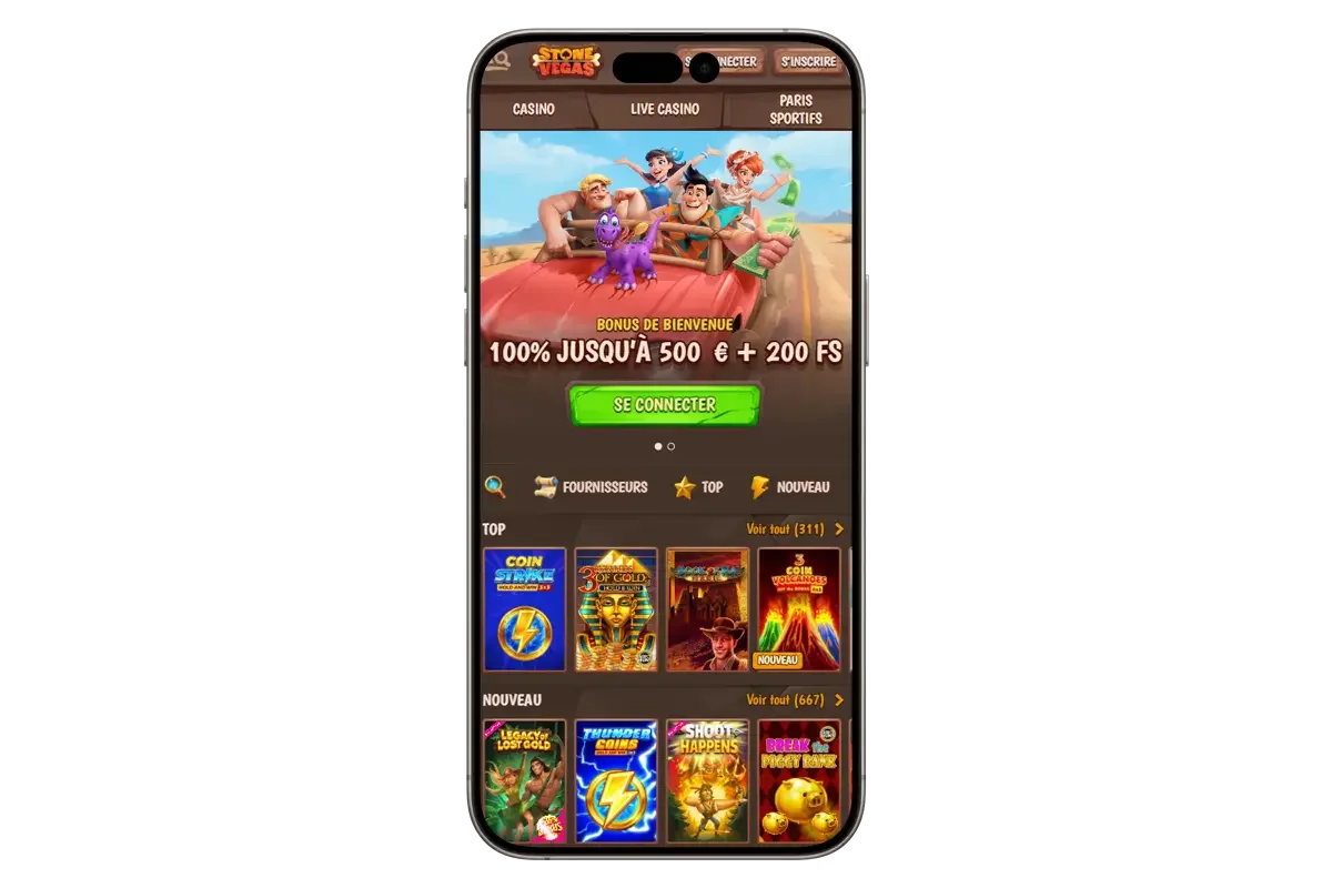 Version mobile de la page d&rsquo;accueil Stone Vegas casino en ligne montrant le bonus de bienvenue 100 pour cent jusqu&rsquo;&agrave; 500 euros avec 200 free spins et les machines &agrave; sous populaires