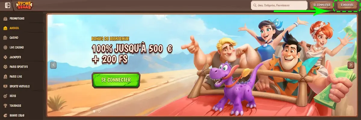 Page d&rsquo;accueil Stone Vegas casino en ligne montrant un bonus de bienvenue 100 pour cent jusqu&rsquo;&agrave; 500 euros avec 200 free spins et une fl&egrave;che indiquant le bouton pour s&rsquo;inscrire