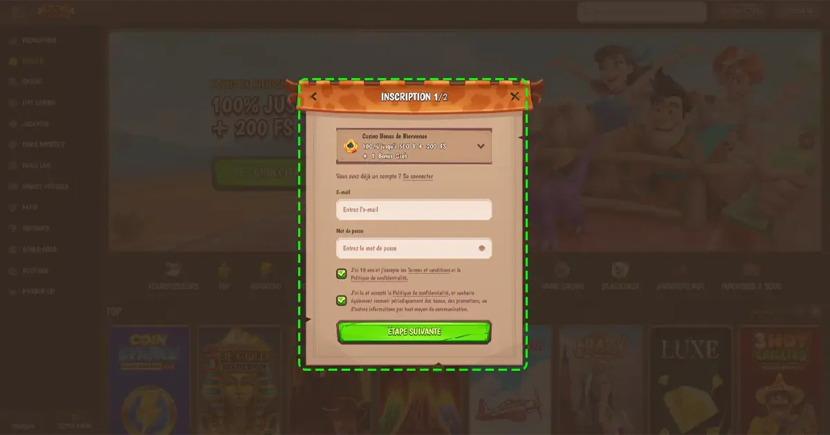 Fen&ecirc;tre d&rsquo;inscription sur Stone Vegas casino en ligne &eacute;tape un avec saisie de l&rsquo;adresse email du mot de passe et choix du bonus de bienvenue 100 pour cent jusqu&rsquo;&agrave; 500 euros et 200 free spins