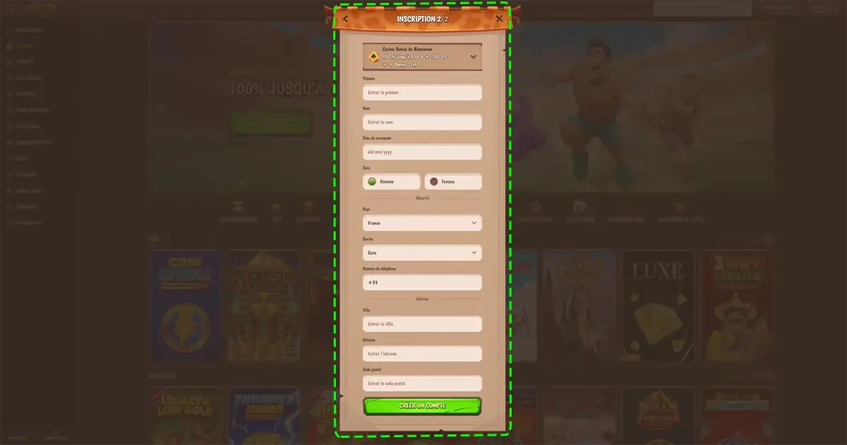 Formulaire d&rsquo;inscription &eacute;tape deux sur Stone Vegas casino en ligne avec saisie des informations personnelles pr&eacute;nom nom date de naissance adresse et num&eacute;ro de t&eacute;l&eacute;phone pour cr&eacute;er un compte et activer le bonus de bienvenue
