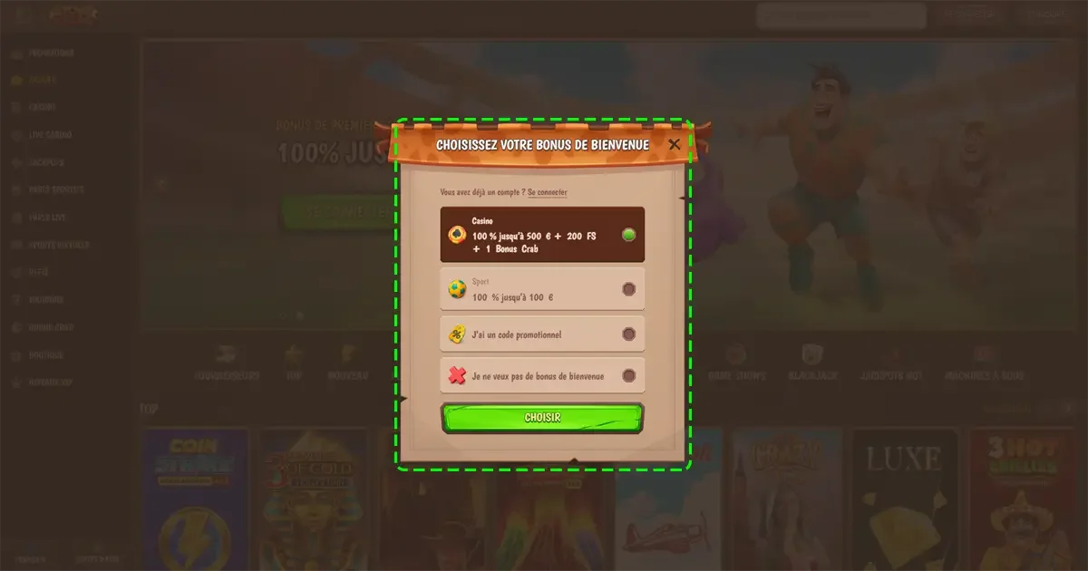 Fen&ecirc;tre de s&eacute;lection du bonus de bienvenue sur Stone Vegas casino en ligne avec une offre 100 pour cent jusqu&rsquo;&agrave; 500 euros 200 free spins et un bonus crab