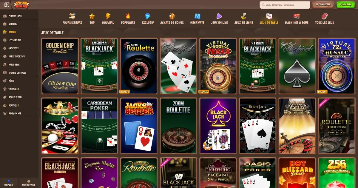 S&eacute;lection de jeux de table populaires sur Stone Vegas casino en ligne avec blackjack poker roulette baccarat et jackpots exclusifs