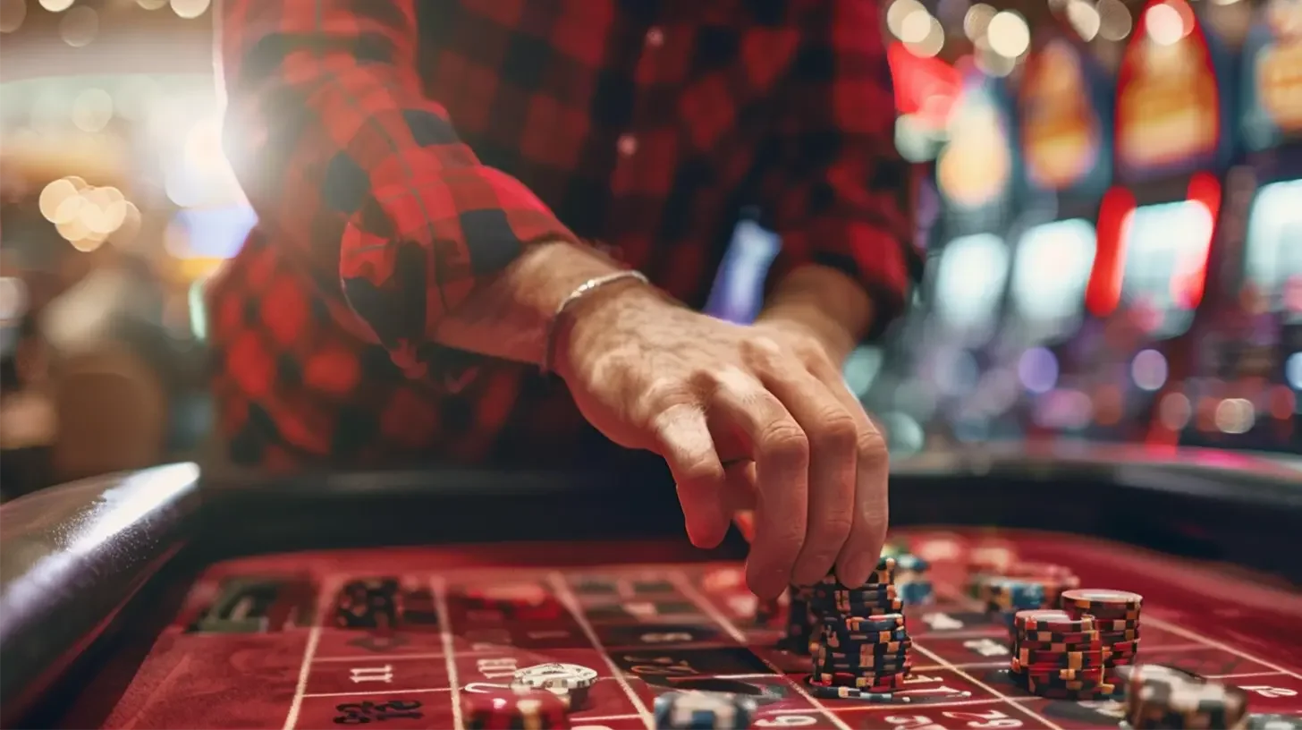 Joueur jouant &agrave; la roulette en pla&ccedil;ant ses jetons sur la table de roulette