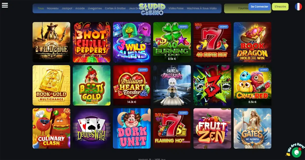 Lobby des machines &agrave; sous Stupid Casino avec jeux populaires comme 2 Wild Die, 3 Hot Chili Peppers, 3 Wild Aliens et Gates of Olympia