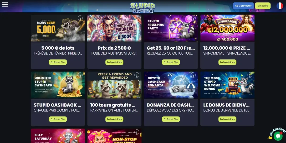 Promotions Stupid Casino avec bonus de bienvenue, cashback, free spins et tournois
