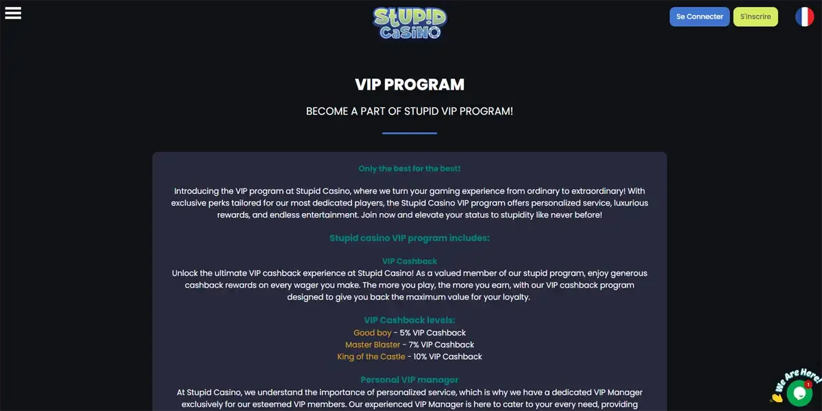 Programme VIP Stupid Casino avec cashback VIP, niveaux exclusifs et manager personnel