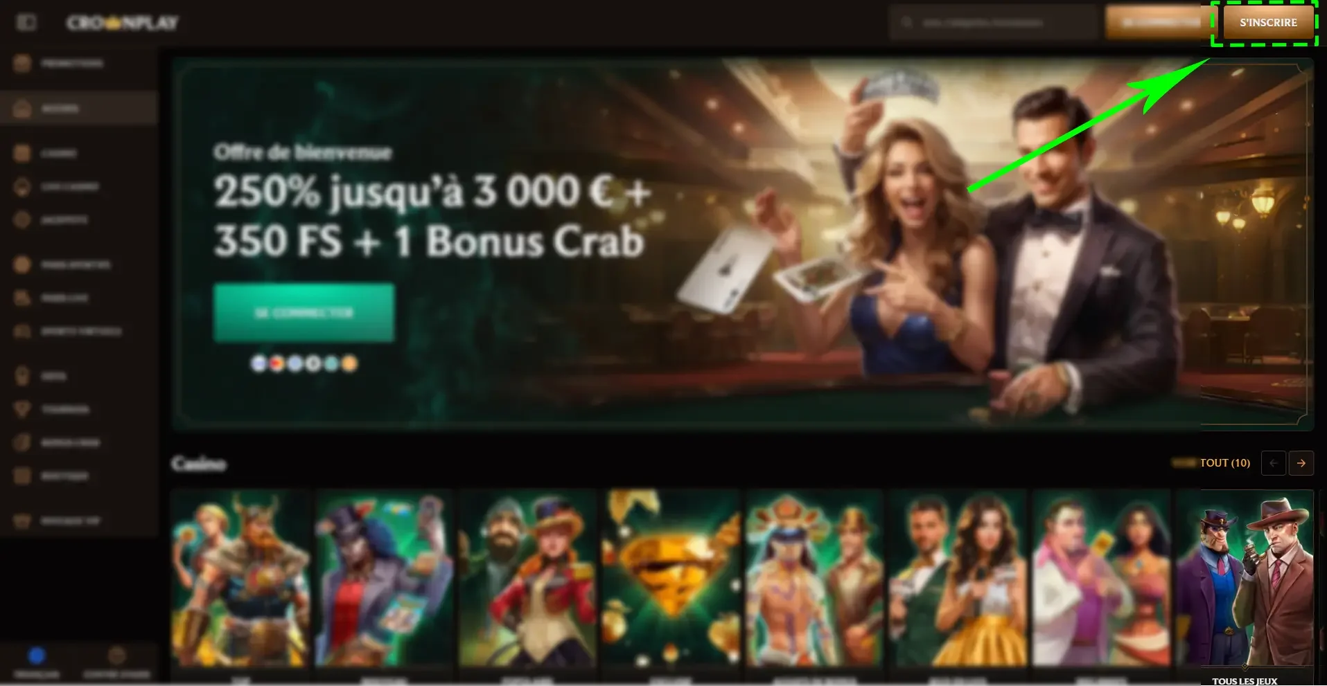 Bouton S&rsquo;inscrire sur CrownPlay Casino pour cr&eacute;er un compte et profiter du bonus de bienvenue.