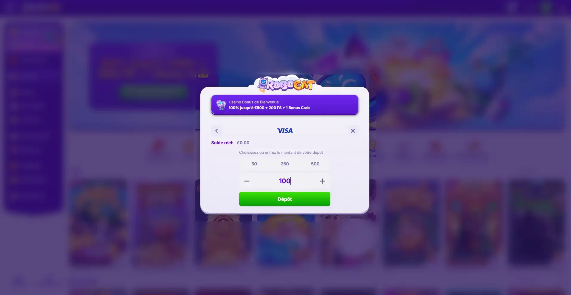 Suite d&eacute;p&ocirc;t Robocat Casino en ligne