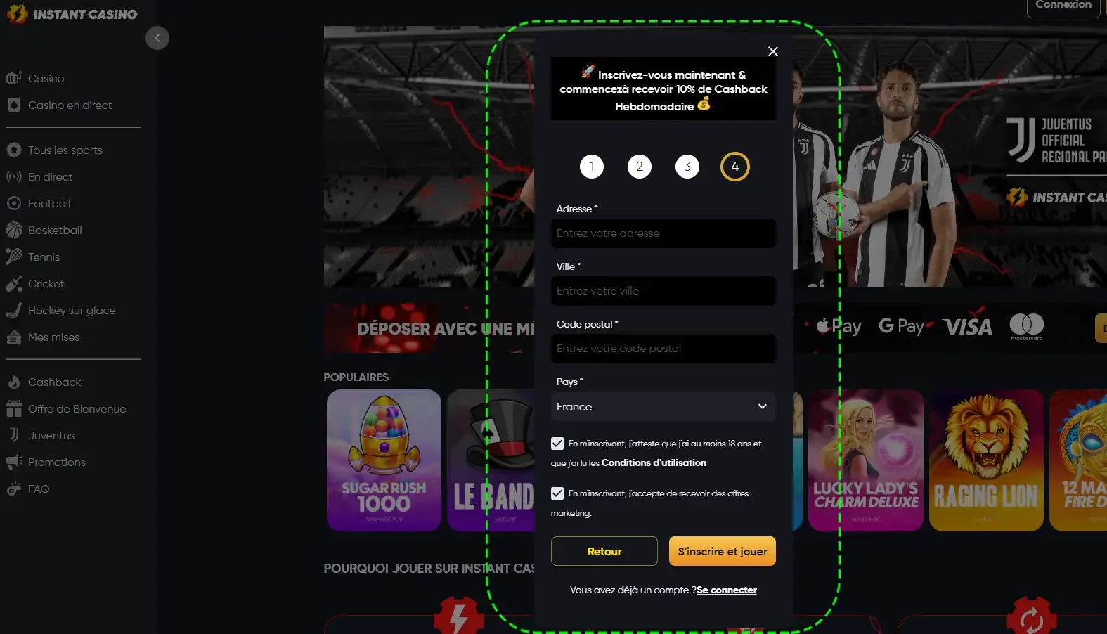 Formulaire d'inscription Instant Casino