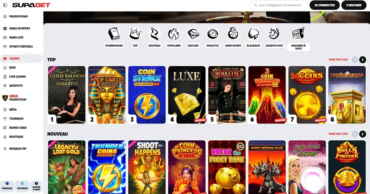 Jeux de casino en ligne Supabet 2025 meilleures machines &agrave; sous jackpots roulettes et nouveaut&eacute;s populaires