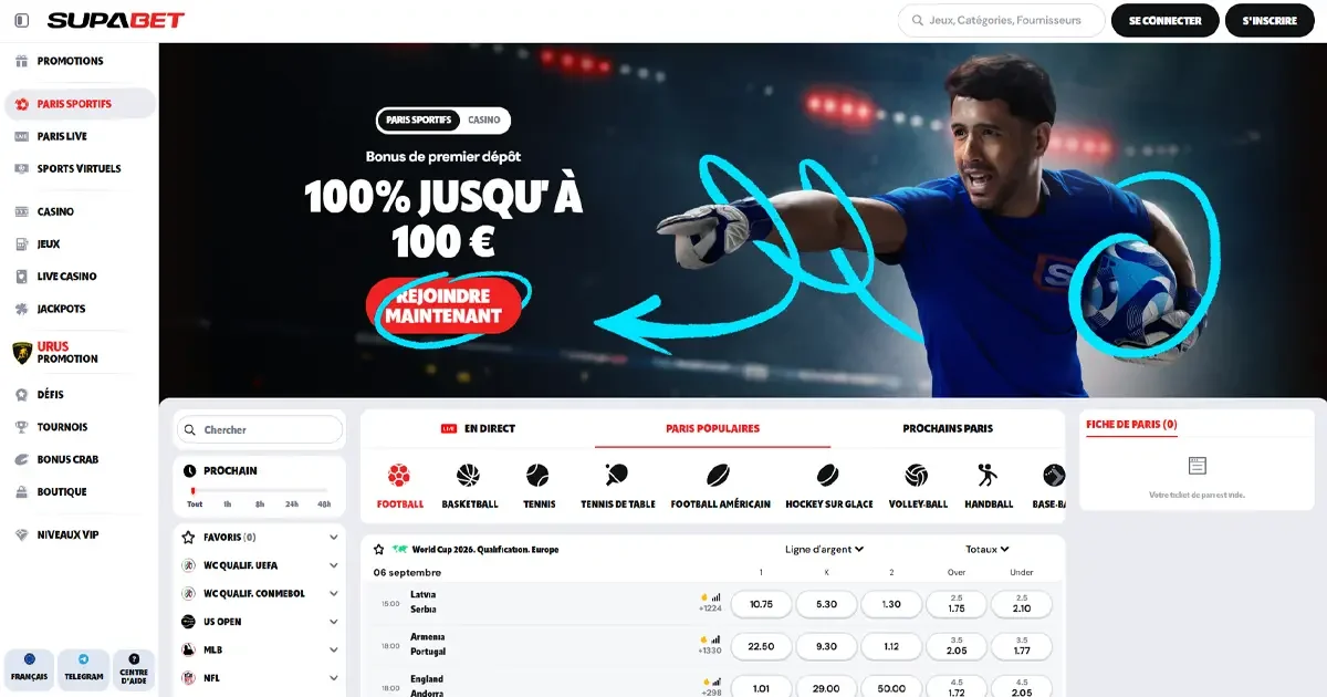 Page paris sportifs Supabet avec bonus de bienvenue 100 % jusqu&rsquo;&agrave; 100 &euro;