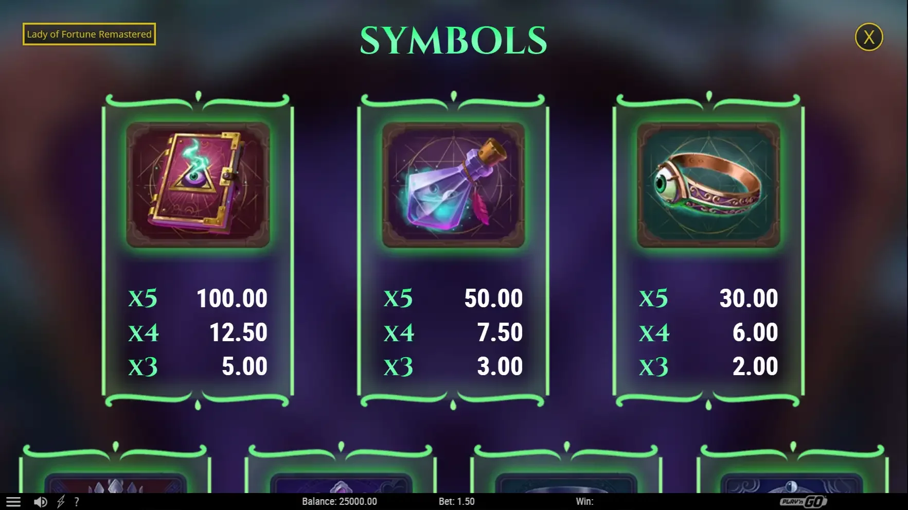 Symboles de la machine &agrave; sous Lady of Fortune Remastered