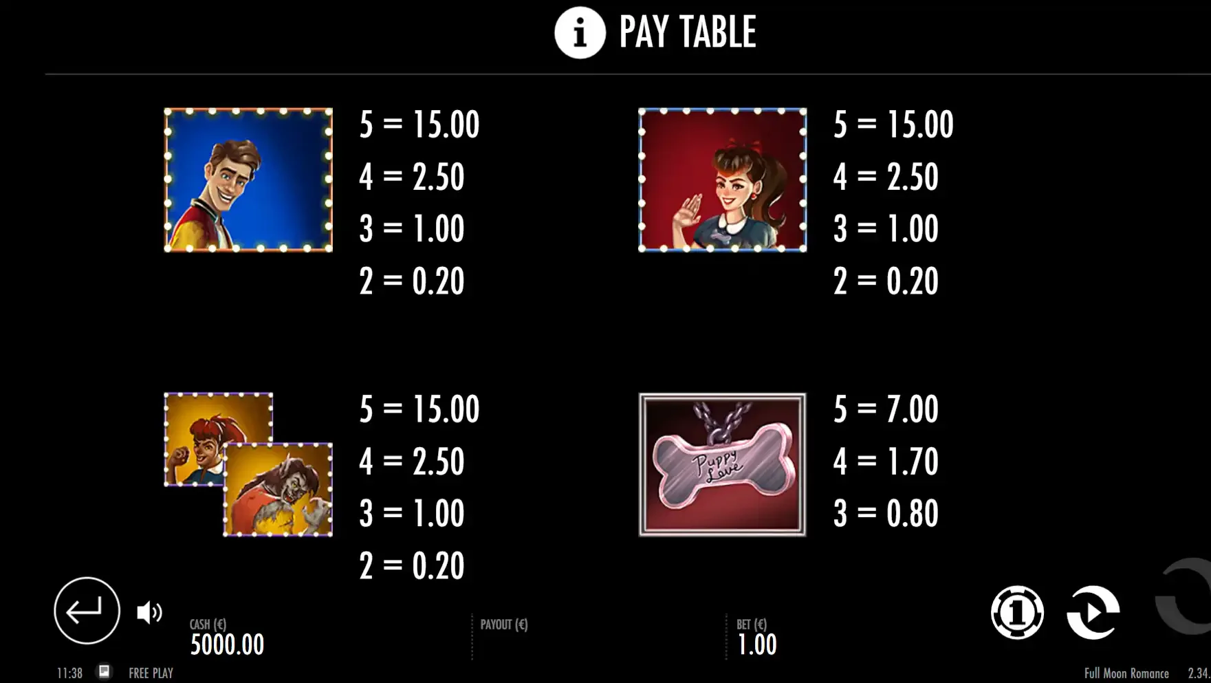 Full moon romance casino slot symboles