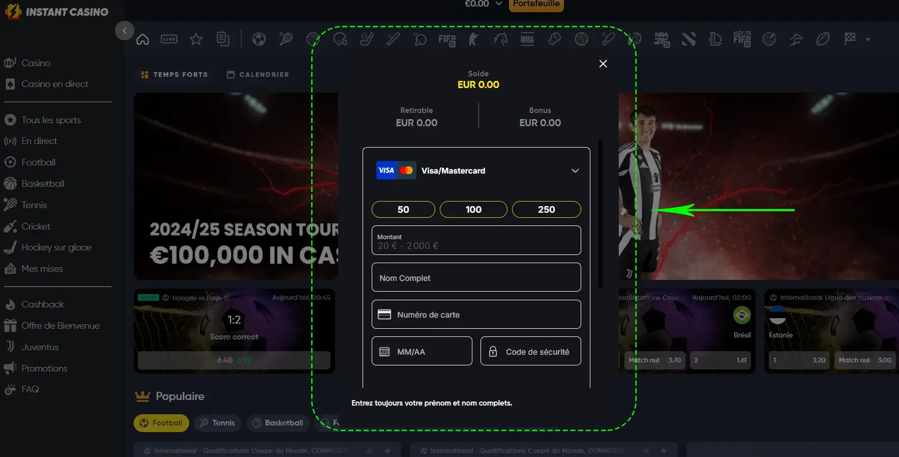 Formulaire de d&eacute;p&ocirc;t Instant Casino avec carte Visa ou Mastercard, options de montant et saisie des informations de paiement