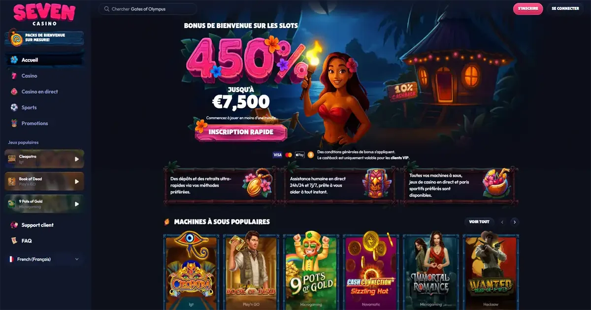 Page d&rsquo;accueil Seven Casino avec bonus de bienvenue 450% jusqu&rsquo;&agrave; 7 500&euro;, inscription rapide, machines &agrave; sous et offre cashback 10%