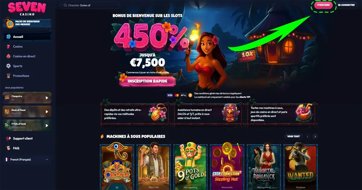 Page d&rsquo;accueil Seven Casino avec bonus 450% jusqu&rsquo;&agrave; 7 500&euro; et bouton S&rsquo;inscrire en haut &agrave; droite