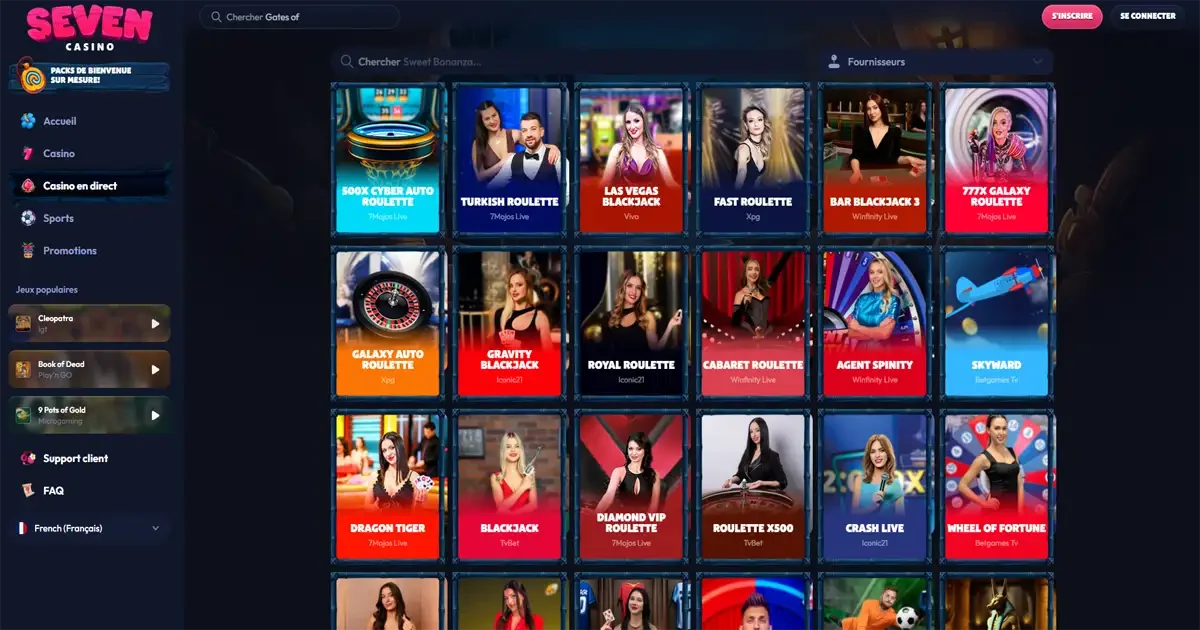 Section casino en direct Seven Casino avec jeux live roulette, blackjack, crash et wheel of fortune