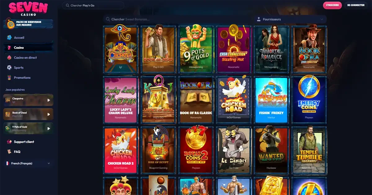 Catalogue de machines &agrave; sous sur Seven Casino avec jeux Pragmatic Play, NetEnt, Novoline, Playson et Hacksaw Gaming