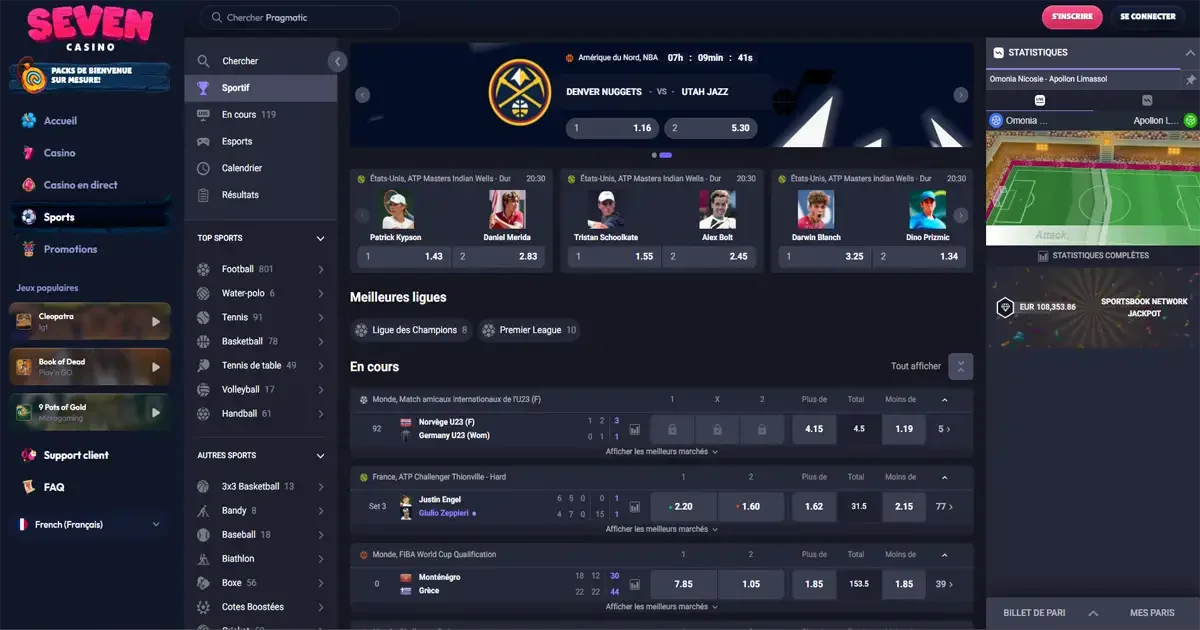 Section paris sportifs Seven Casino avec cotes football, tennis, NBA et paris en direct
