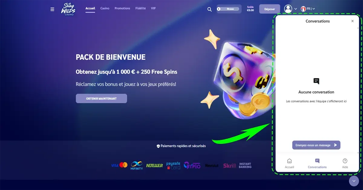Fen&ecirc;tre du live chat du support client sur Shiny Wilds Casino