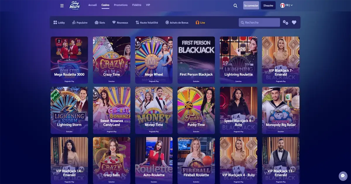 Jeux de casino en direct sur Shiny Wilds avec blackjack, roulette et shows en live