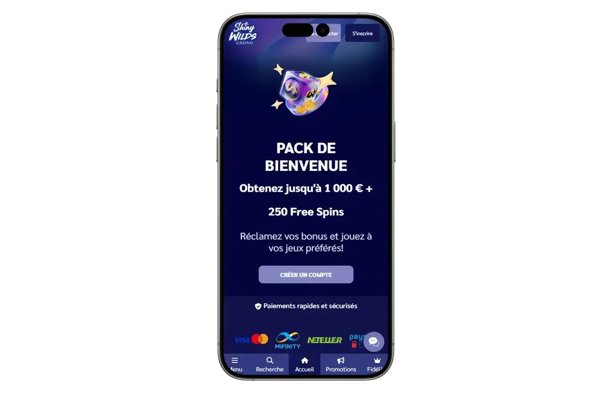 Offre de bienvenue Shiny Wilds Casino affich&eacute;e sur mobile avec bonus jusqu&rsquo;&agrave; 1000 &euro; et 250 free spins