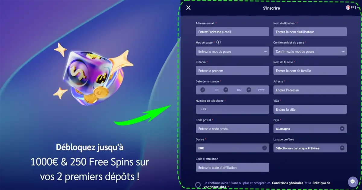 Formulaire d&rsquo;inscription de Shiny Wilds Casino avec offre de bienvenue jusqu&rsquo;&agrave; 1000 &euro; et 250 free spins
