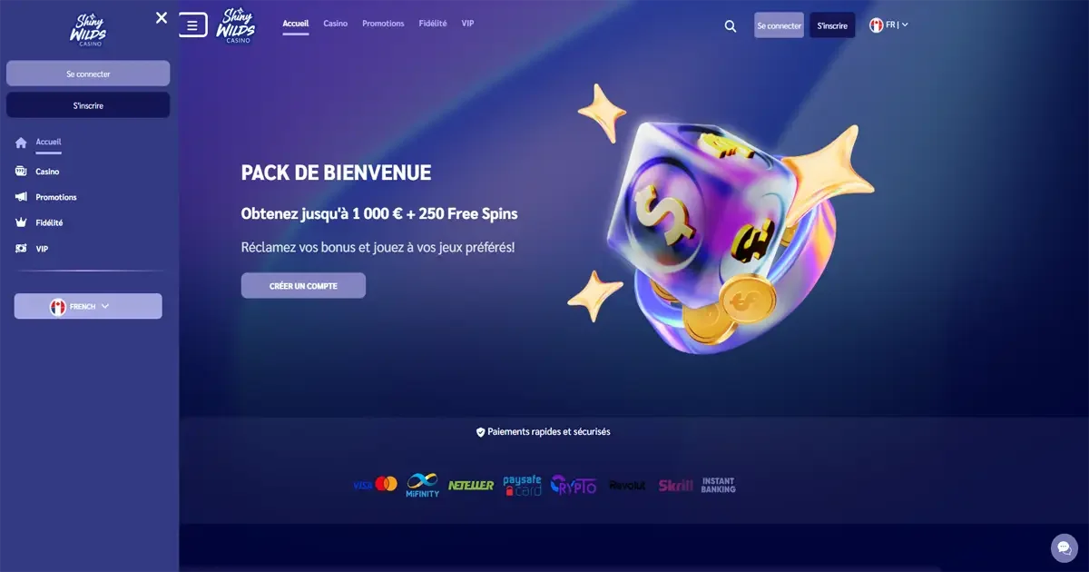 Page d'accueil du casino, ShinyWilds Casino montrant un d&eacute; lumineux avec symboles dollar pour le bonus de bienvenue jusqu'&agrave; 1 000 &euro; et 250 free spins