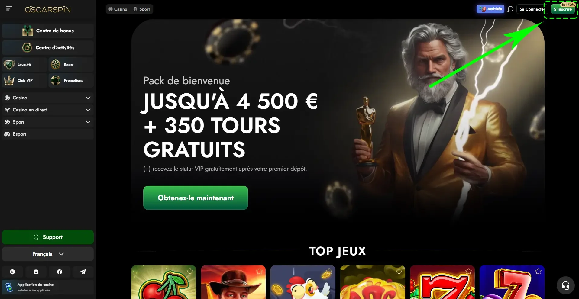 Inscription sur OscarSpin avec bonus de bienvenue jusqu&rsquo;&agrave; 4 500 &euro; et 350 tours gratuits