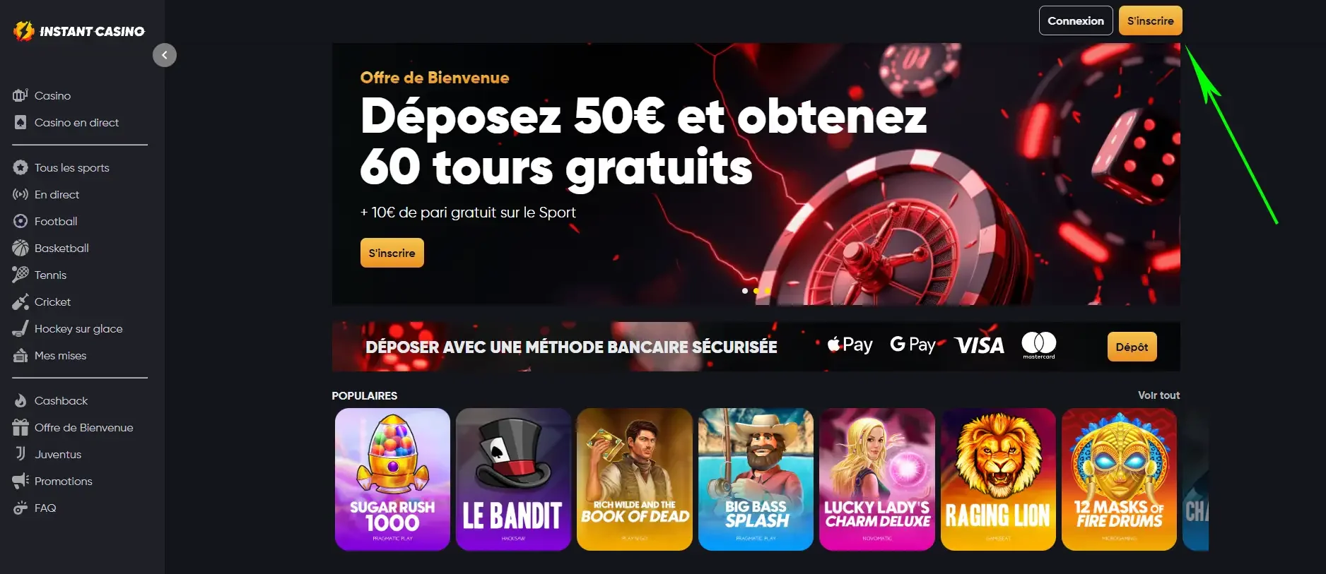Bouton s'inscrire sur la page d'accueil avec l'offre de bienvenue Instant Casino avec 50 &euro; d&eacute;pos&eacute;s pour 60 tours gratuits et bonus de pari sportif
