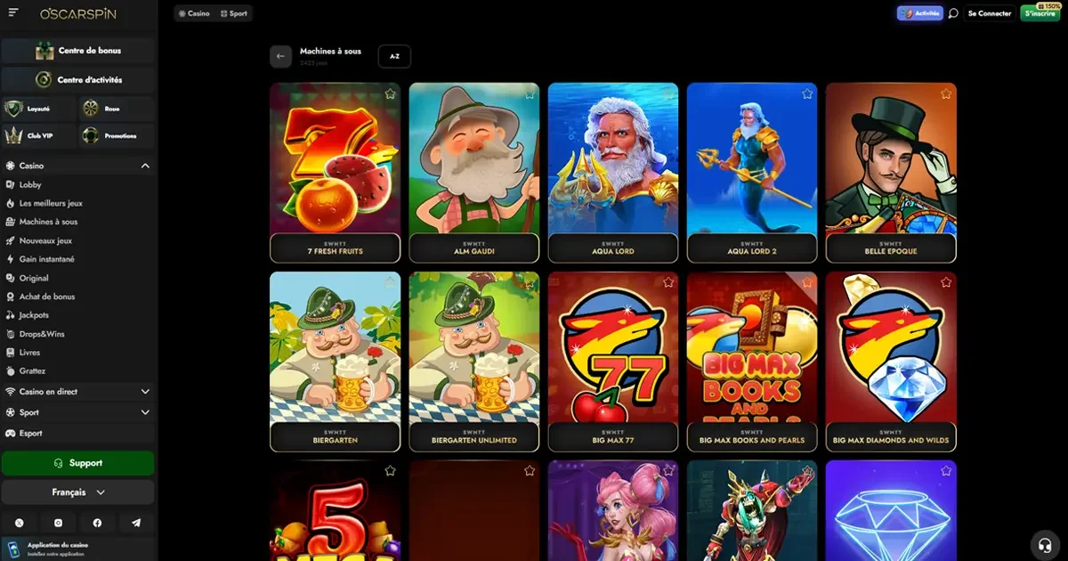 S&eacute;lection de machines &agrave; sous en ligne sur OscarSpin, incluant 7 Fresh Fruits, Aqua Lord et Big Max 77