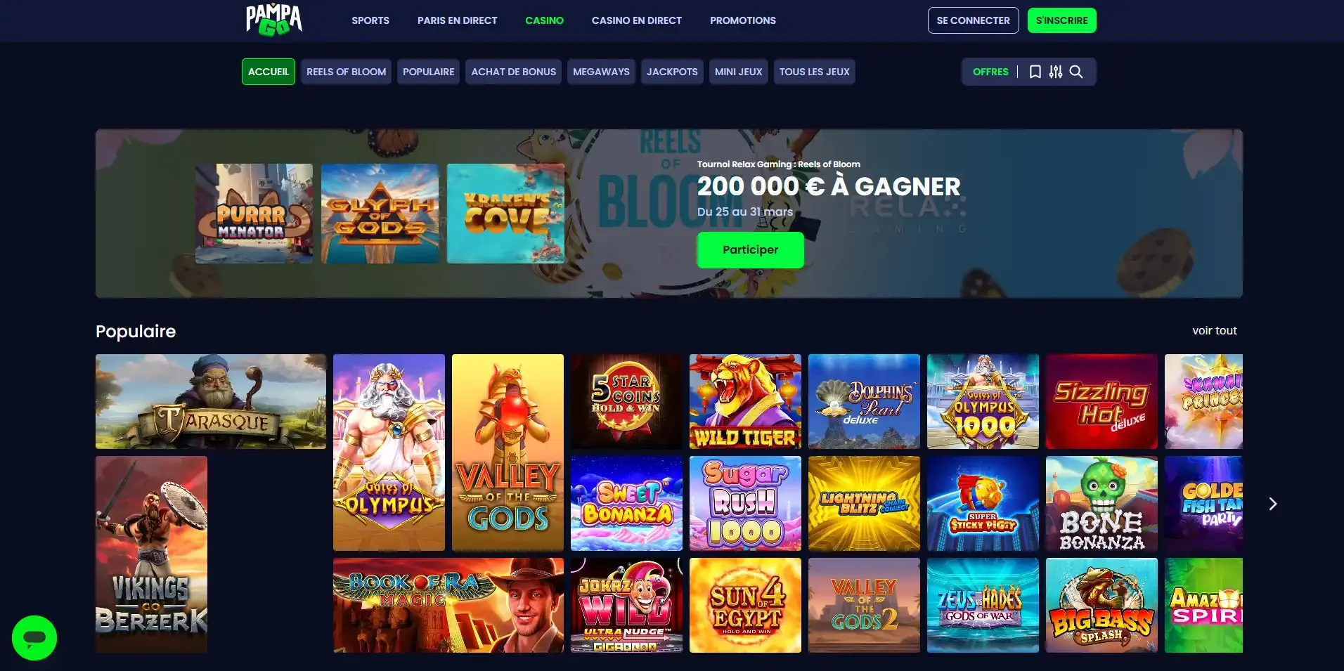 S&eacute;lection de machines &agrave; sous populaires sur Pampago Casino en ligne, Gates of Olympus, Sweet Bonanza, Book of Ra, Big Bass Splash, Sugar Rush et plus