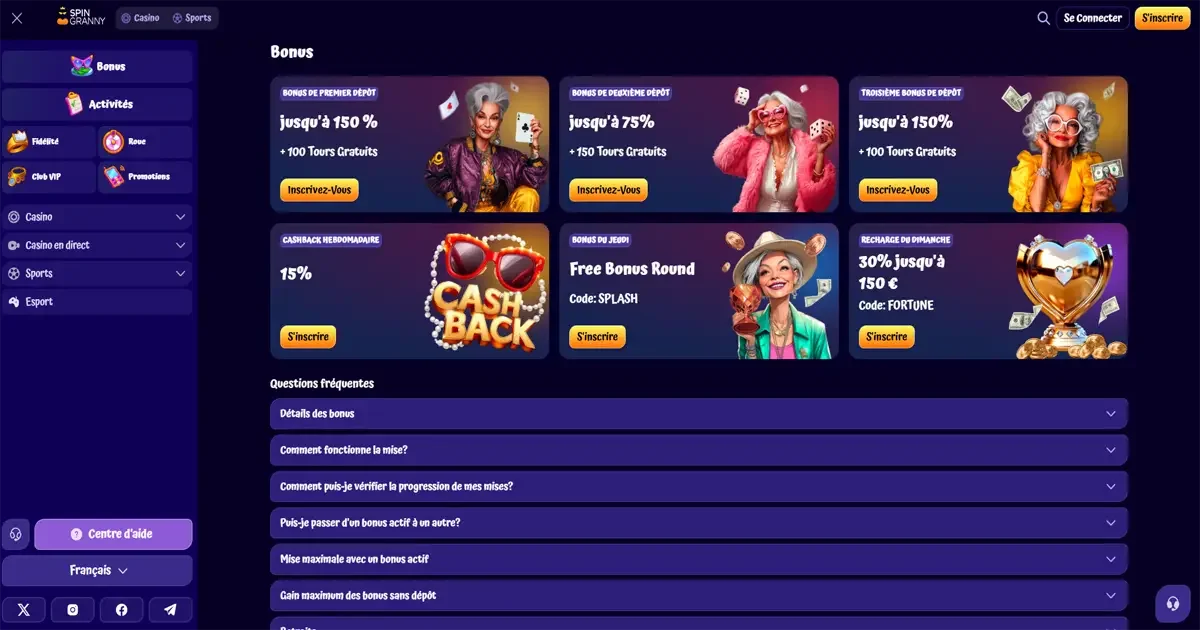 Interface des bonus Spin Granny avec offres de bienvenue, cashback, free spins et promotions casino en ligne
