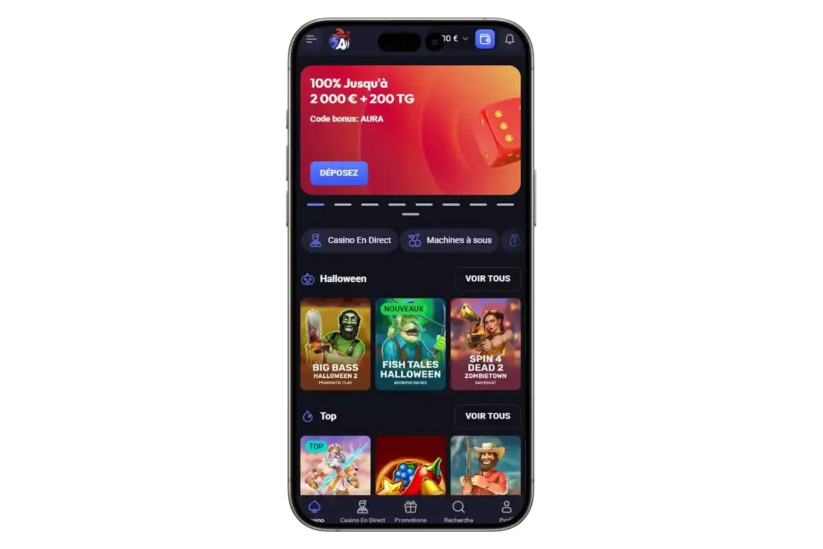 Interface mobile de Spinaura Casino avec le bonus de bienvenue 2 000 &euro; et 200 tours gratuits.