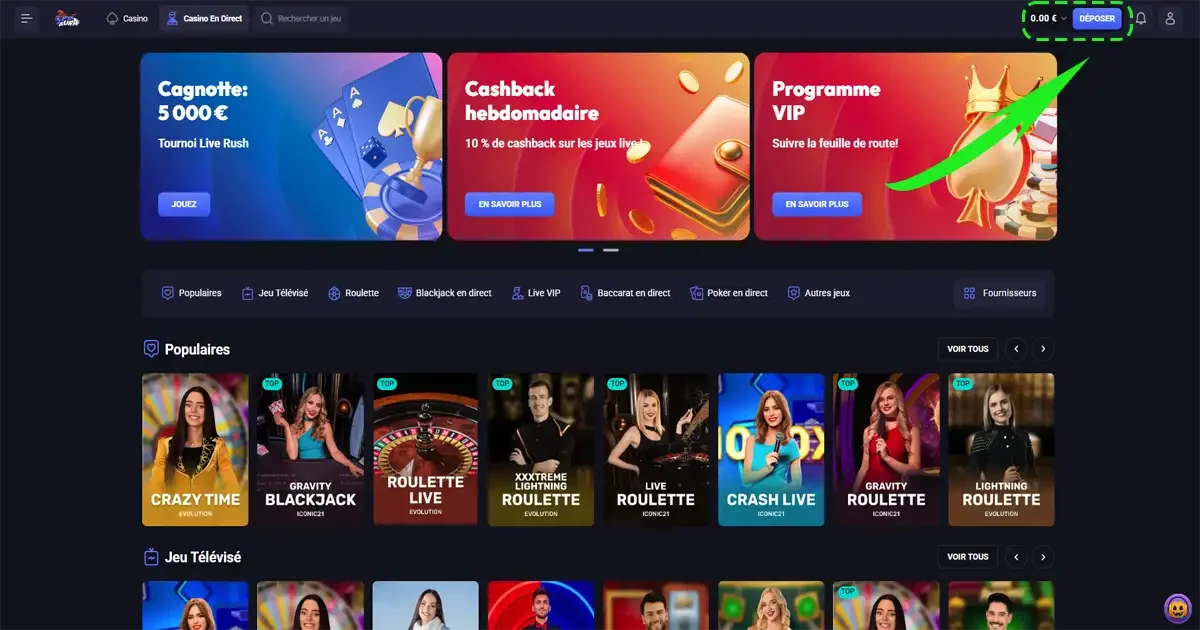 interface de d&eacute;p&ocirc;t sur le casino en ligne SpinAura