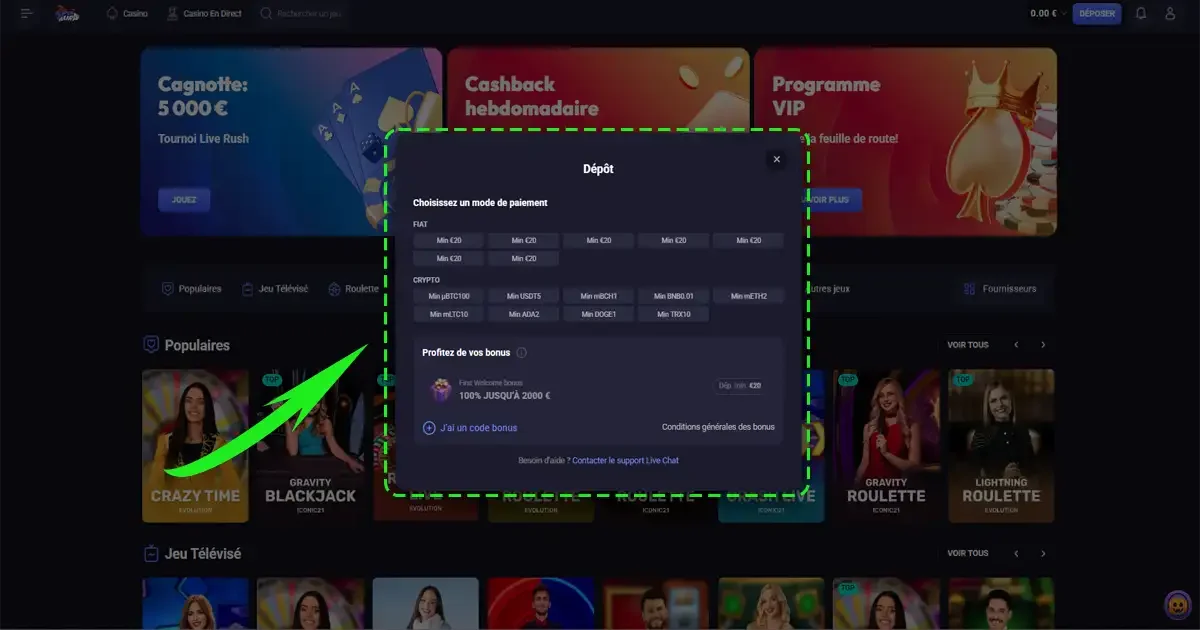 fen&ecirc;tre de d&eacute;p&ocirc;t sur le casino en ligne SpinAura avec paiements fiat et crypto